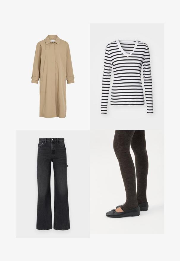 Manteau long beige avec un bouton unique au col, fermeture avant dissimulée, poches latérales et sangles à boutons aux poignets.; T-shirt à manches longues en V, rayé noir et blanc, fabriqué à partir d'un tissu doux avec un design ajusté et un col contrasté.; Jean noir taille haute à jambes larges avec cinq poches, passants pour ceinture et fermeture par bouton sur un fond uni.; Jambes portant des leggings côtelés foncés associés à des ballerines noires avec de petits détails en nœud sur fond blanc.