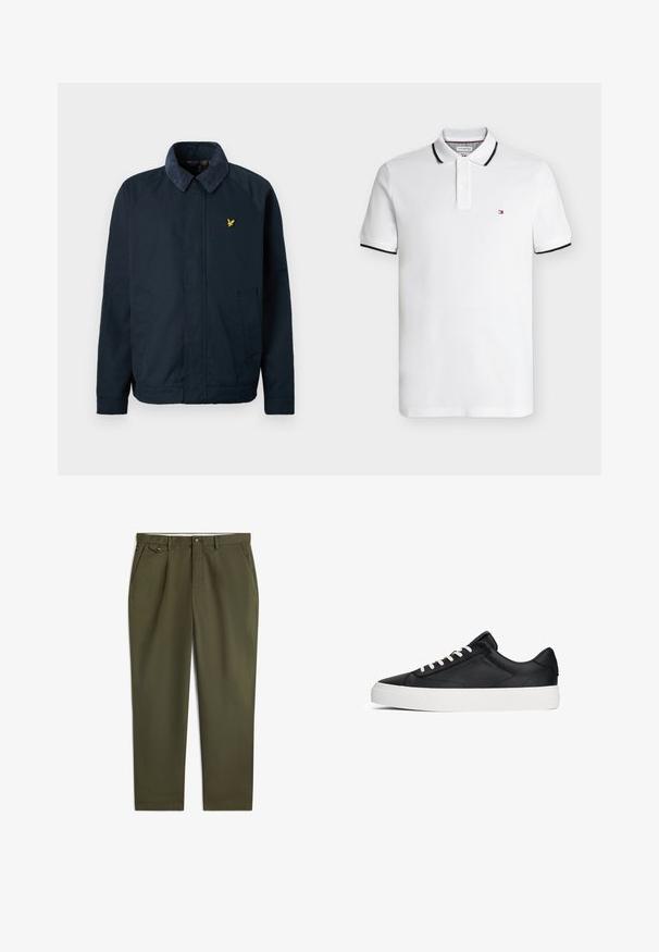 Marineblaue Jacke mit einem weichen, strukturierten Kragen, ausgestattet mit zwei Seitentaschen und einem kleinen goldenen Vogel-Logo auf der Brust.; Weißes kurzärmeliges Poloshirt mit schwarzem Besatz an Kragen und Ärmeln und einem kleinen rechteckigen rot-weiß-blauen Logo auf der Brust.; Olivgrüne Straight-Leg-Hose mit Gürtelschlaufen, knöpfbarem Bund, Vordertaschen und kleiner, knöpfbarer Tasche auf der rechten Seite.; Schwarze Ledersneaker mit weißer Gummisohle, runder Zehenform und kontrastierenden weißen Schnürsenkeln. Bietet ein minimalistisches Design und tonale Nähte.