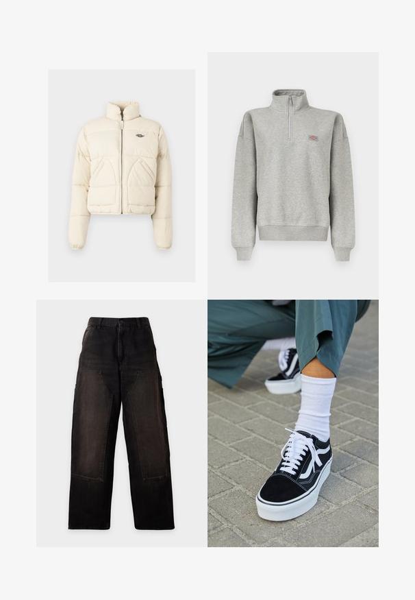 Kappet pufferjakke i cremefarve med høj krave, frontlynlås og to sidelommer med et broderet logo på brystet.; Lysegrå sweatshirt med kvart-lynlås, ribkant ved ærmer og kant, med en lille flerfarvet logopatch på venstre bryst.; Sorte vidde bukser med høj talje og store forlommer, vist fladt på en hvid baggrund.; Sorte ruskinds sneakers med hvide accenter og snørebånd, der har en tyk hvid sål og kontrasterende syninger, parret med en hvid sok.
