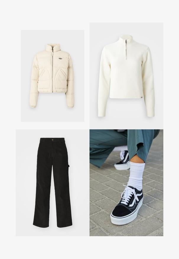 Veste doudoune raccourcie en crème, avec un col montant, une fermeture éclair à l'avant et deux poches latérales, ornée d'un logo brodé sur la poitrine.; Pull-over blanc à col zippé et manches longues. Fabriqué en matériau tricoté doux, avec des poignets et un ourlet côtelés. Logo de la marque subtil à l'ourlet.; Pantalon en velours côtelé noir avec une coupe droite, doté d'une fermeture à bouton et de poches latérales. Texture lisse avec de fines rayures verticales.; Baskets en suède noir avec des accents et des lacets blancs, présentant une épaisse semelle blanche et des coutures contrastantes, associées à une chaussette blanche.