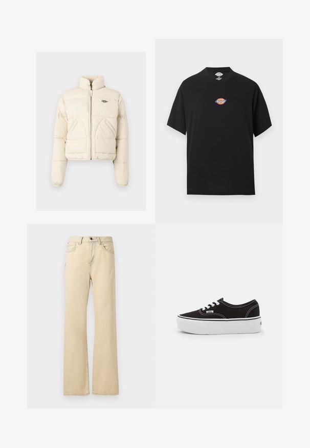 Kappet pufferjakke i cremefarve med høj krave, frontlynlås og to sidelommer med et broderet logo på brystet.; Sort kortærmet t-shirt med en lille farverig Dickies-logo centreret på brystet og rund hals.; Beige vide ben jeans lavet af denimstof, med høj talje, frontlommer, knappelukning og kontrast-syninger.; Sort lærred sneakers med en hvid gummi platform sål, der har hvide snørebånd og syninger, ikonisk branding på siden, lav-top design.