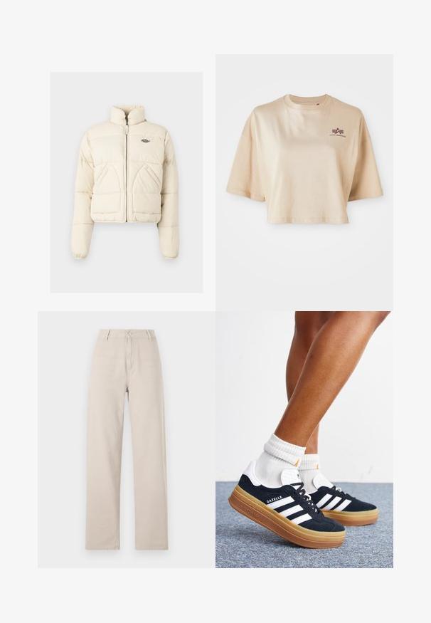 Kappet pufferjakke i cremefarve med høj krave, frontlynlås og to sidelommer med et broderet logo på brystet.; Beige cropped t-shirt lavet af bomuld, med korte ærmer, en rund halsudskæring og et maroon logo grafik på venstre bryst.; Beige breddebenede bukser lavet af bomuld, med en frontlukkeknap, bæltesløjfer og en klassisk pasform med rene linjer.; Ben iført hvide sokker og sorte Adidas Gazelle sneakers med hvide striber og tykke brune såler på et gråt tæppe.