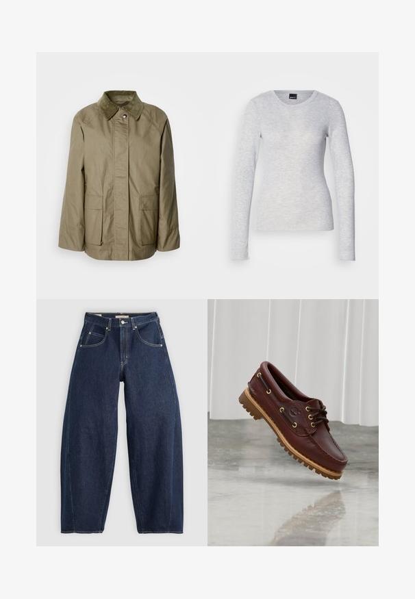 Veste vert olive en tissu léger, avec un col en velours côtelé, deux poches frontales et une coupe droite.; T-shirt gris à manches longues en tissu léger avec un col rond et une texture douce ; possède des poignets légèrement évasés.; Jean en denim bleu foncé, à coupe ample, avec des coutures claires, cinq poches et un bouton de fermeture à la taille.; Chaussure bateau en cuir marron foncé avec semelle en caoutchouc beige à relief et lacets noirs, présentée en suspension au-dessus d'un sol poli et d'un fond blanc.