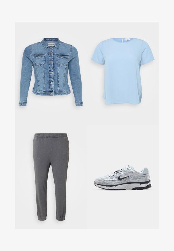 Denimjakke i lyseblå med en tætsiddende design, knaplukning, to brystlommer og kontrasterende syninger langs sømmene.; ONLY Carmakoma CARVICA LIFE - Bluse - light blue; Grå, bløde joggers i stof med elastisk talje. Taperede ben og manchetter ved kanten, med en diskret, slidte tekstur over det hele.; Nike P-6000 sneakers med en lys grå mesh overdel, sorte accenter og en holdbar sort gummisål. Har et detaljeret design og snøresystem.
