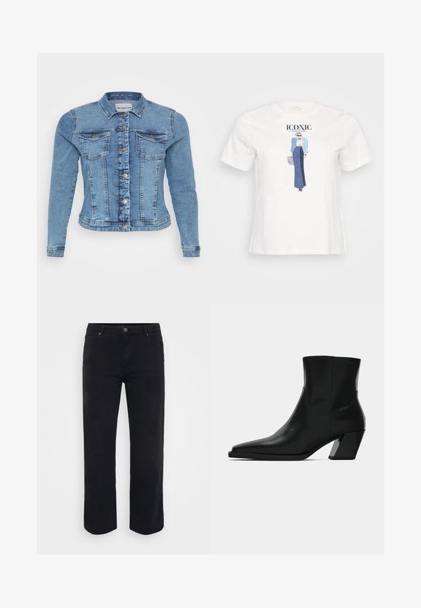 Denimjakke i lyseblå med en tætsiddende design, knaplukning, to brystlommer og kontrasterende syninger langs sømmene.; Hvid bomulds t-shirt med en grafisk illustration af en kvinde i en blå jakke og denimskørt, med teksten "ICONIC" trykt ovenfor.; Sorte denimjeans med lige ben-design. Funktioner inkluderer en knaplukning i taljen, bæltestropper og front-/baglommer. Glat tekstur.; Sortlæder ankelstøvle med spids tå, en slank silhuet og en kraftig firkantet hæl. Glat tekstur med minimale stikninger.