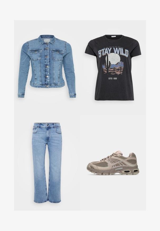 Denimjakke i lyseblå med en tætsiddende design, knaplukning, to brystlommer og kontrasterende syninger langs sømmene.; Sort bomulds t-shirt med et grafisk print af en ørken-scene med kaktusser, en måne og sætningen "STAY WILD" i blå skrifttype.; Lysblå vidde jeans lavet af denim, med fem lommer, en frontlynlås og en knaplukning. Subtile syninger langs sømmene.; Beige sportssko med mesh-overdel, formede detaljer, rund tå og synlig luftdækning i sålen. Snørebånd i neutral farve.
