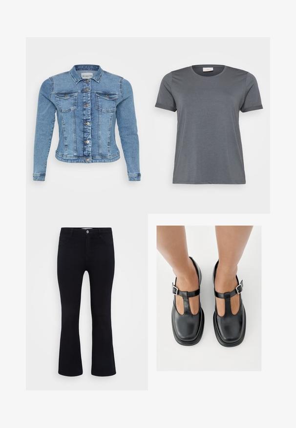 Denimjakke i lyseblå med en tætsiddende design, knaplukning, to brystlommer og kontrasterende syninger langs sømmene.; Grå kortærmet T-shirt lavet af blødt stof, med en klassisk rund halsudskæring og oprullede ærmer. Glat tekstur uden synlige mønstre.; ONLY Carmakoma Flared fit CARTHUNDER Mid waist - Flared jeans - black denim; Sorte lædersko med T-rem-design, lukket tå og sølvfarvede spændeaccenter. Glat tekstur med rundet tå og flad sål.