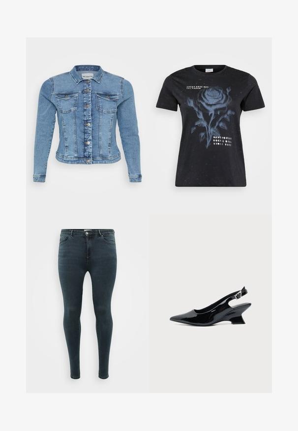Leren spijkerjack in lichtblauw met een getailleerd ontwerp, knoopsluiting, twee borstzakken en contrasterende stiksels langs de naden.; ONLY Carmakoma CARMIKO WASHED SS REG TEE JRS - T-shirt print - black; Donkerblauwe skinny jeans van denim, met een traditionele vijf-pocket ontwerp, knoop- en ritssluiting, en een gladde textuur.; Zwarte lakleren slingback schoen met spitse neus en lage schuine blokhak op een effen lichte achtergrond.