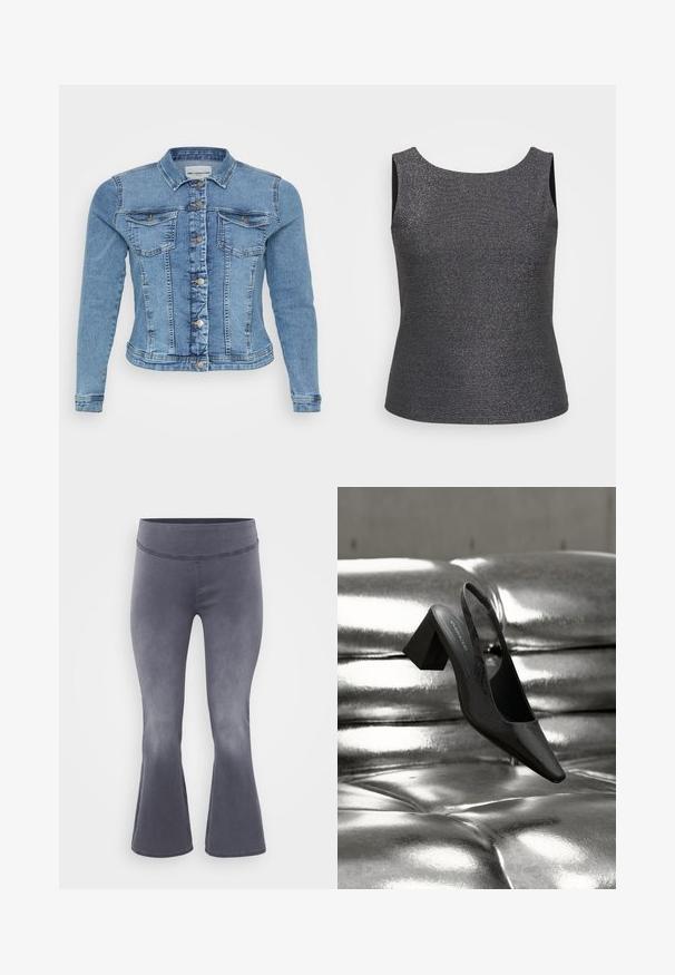 Denimjakke i lyseblå med en tætsiddende design, knaplukning, to brystlommer og kontrasterende syninger langs sømmene.; Ärmeloses top i mørkegrå med metallisk glans, med en rund halsudskæring og en tætsiddende form, lavet af et struktureret stof.; Grå flagrende bukser med en bred talje. Glat stof med en let glans, der falmer fra mørkt i toppen til lysere mod bunden.; Sort slingback-hæl med spids tå, der har en tekstureret overflade og en chunky blokhæl. Lagt mod en skinnende, metallisk baggrund.