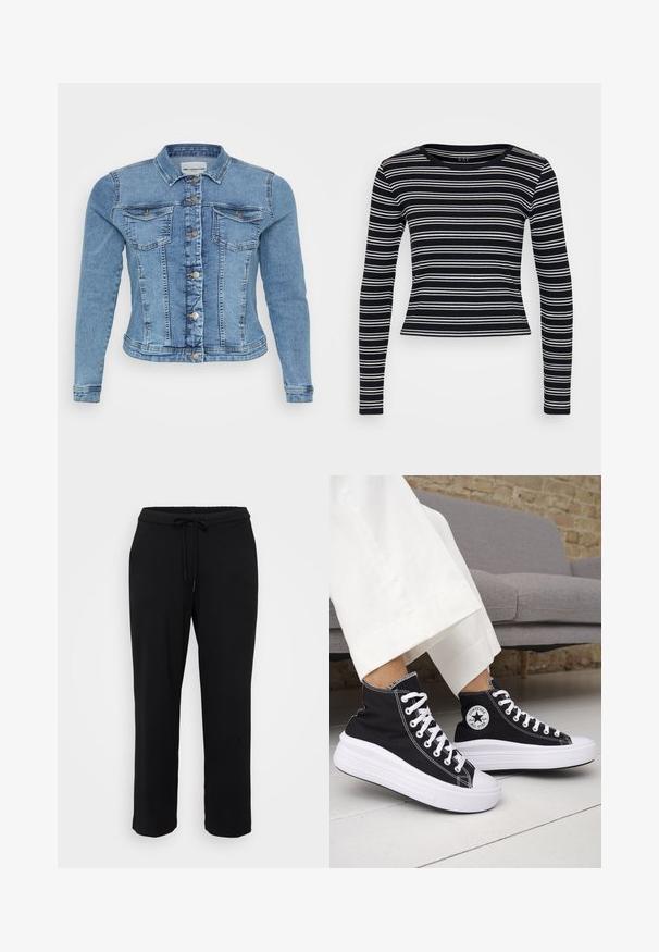 Denimjakke i lyseblå med en tætsiddende design, knaplukning, to brystlommer og kontrasterende syninger langs sømmene.; Sort og hvidstribet langærmet t-shirt med rund halsudskæring og en tætsiddende pasform. Lavet af ribbet stof med en glat overflade.; Sorte sweats med løs pasform, elastisk talje og justerbar snor, samt lige ben. Fremstillet af blødt stof. Ingen synlige mønstre.; Sorte sneakers med højt skaft, hvide gummisåler og snørebånd. Har en rund logo-patch og kontrasterende hvide syninger. Fremstillet af lærredsmateriale.