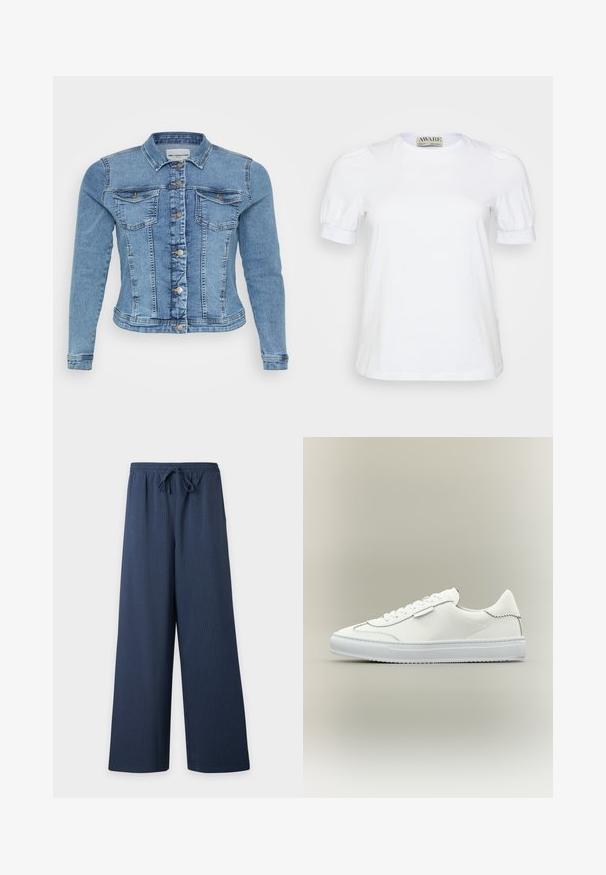 Denimjakke i lyseblå med en tætsiddende design, knaplukning, to brystlommer og kontrasterende syninger langs sømmene.; Hvid kortærmet t-shirt lavet af bomuld, med rund halsudskæring og pufærmer med elastiske manchetter. Simpelt og klassisk design.; Navyblå bukser med vidde ben, subtile lodrette nålestriber, elastisk talje og frontsnøre.; Hvid lav sneaker med snørelukning, glat læderoverdel og en tekstureret hvid gummisål på en neutral baggrund.