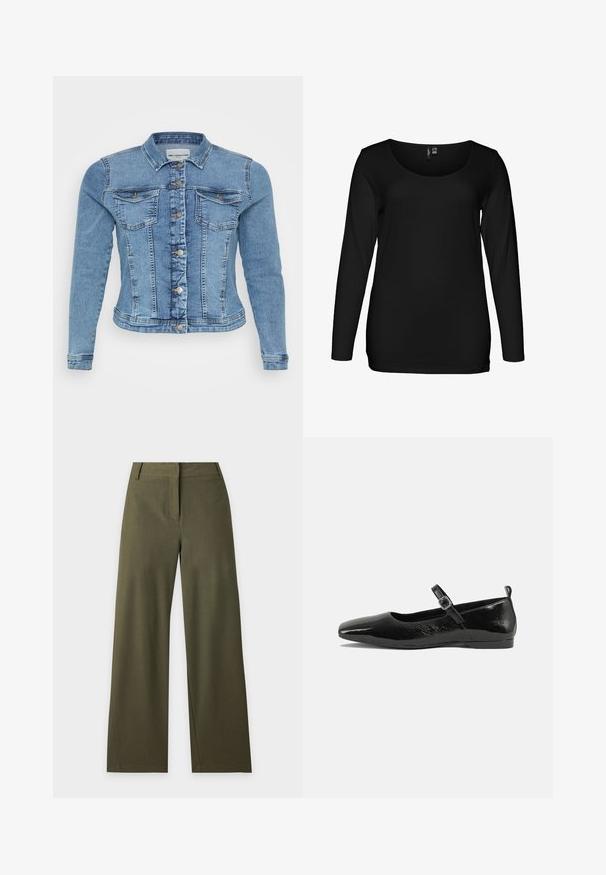 Denimjakke i lyseblå med en tætsiddende design, knaplukning, to brystlommer og kontrasterende syninger langs sømmene.; Sort langærmet t-shirt lavet af et glat, let stof. Har en rund halsudskæring og en figursyet pasform.; Mørk olivengrønne bukser med vide ben, høj talje, bæltestropper og skjult forlukning foran på en ensfarvet lys baggrund.; Sorte patentlæder flade sko med spidse tæer, en ankelrem med spænde og en glat, blank tekstur. Lav hæl for komfort.
