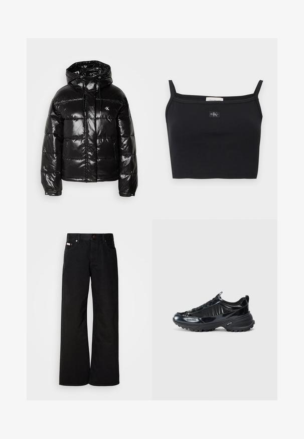 Chaqueta tipo puff negro con acabado brillante, que cuenta con capucha, cierre de cremallera y puños elásticos. Detalle notable del logo en el pecho.; Top corto negro acanalado con tirantes delgados y un pequeño parche con el logo de Calvin Klein centrado en el pecho.; Jeans de pierna ancha negros, hechos de algodón. Presentan bolsillos frontales, cierre de botón y una textura de denim clásica. Diseño minimalista sin patrones.; Zapatillas negras brillantes con un diseño de parte superior curva, suela de goma texturizada y cierre de cordones. Presentan una marca en el lateral y una cinta en la parte trasera.