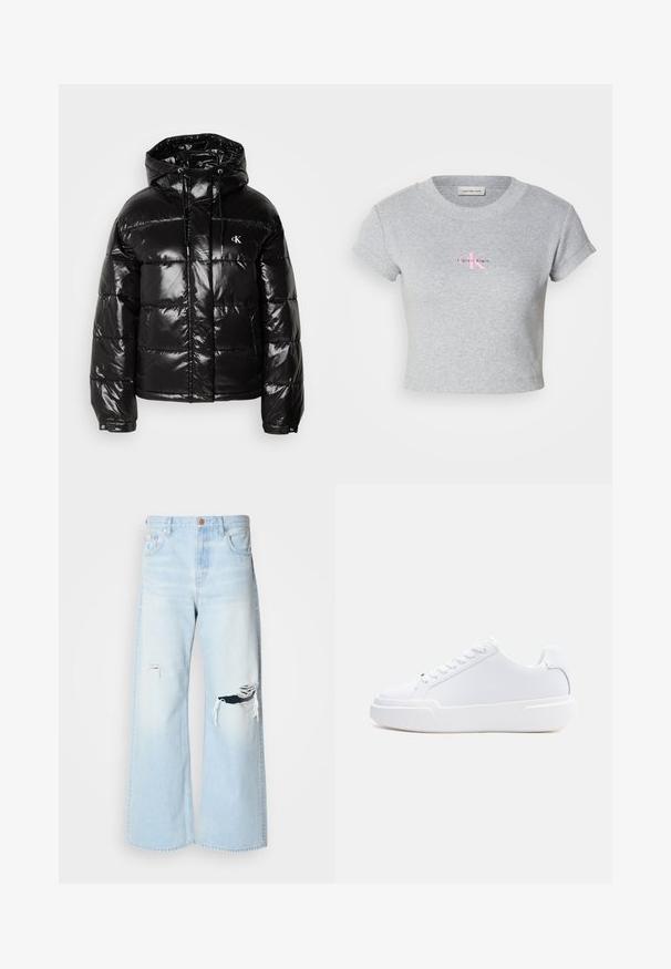 Zwarte pufferjack met een glanzende afwerking, voorzien van een capuchon, ritssluiting en elastische manchetten. Opvallend logo op de borst.; Grijze crop top gemaakt van katoen, met een geribbelde textuur en korte mouwen. Toont een roze Calvin Klein-logo op de voorkant.; Lichtblauwe wijde jeans van denim, met een hoge taille, grote scheuren bij de knieën en een klassieke vijf-pocket stijl met koperen details.; Witte lage sneaker met vetersluiting, dikke zool en glad bovenwerk, gezien vanaf de buitenkant tegen een effen lichte achtergrond.