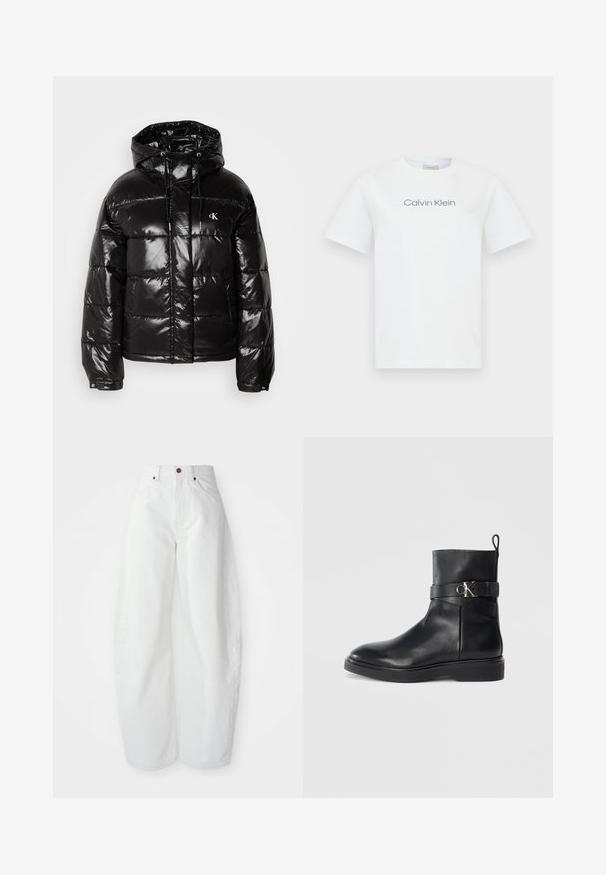 Chaqueta tipo puff negro con acabado brillante, que cuenta con capucha, cierre de cremallera y puños elásticos. Detalle notable del logo en el pecho.; Camiseta de algodón blanca con cuello redondo y mangas cortas. Muestra el texto "Calvin Klein" en gris a lo largo del pecho.; Pantalones de mezclilla blancos de tiro alto con un corte holgado. Presentan un cierre de botón, bolsillos laterales y un diseño minimalista. Textura suave.; Botín negro de cuero hasta el tobillo con suela plana, que presenta una correa lateral y un detalle del logo CK en tono plateado. Textura suave y diseño aerodinámico.