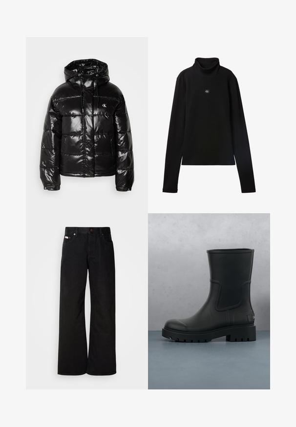 Chaqueta tipo puff negro con acabado brillante, que cuenta con capucha, cierre de cremallera y puños elásticos. Detalle notable del logo en el pecho.; Top negro de cuello alto acanalado de manga larga con un pequeño parche cuadrado con el logo de Calvin Klein centrado en el pecho.; Jeans de pierna ancha negros, hechos de algodón. Presentan bolsillos frontales, cierre de botón y una textura de denim clásica. Diseño minimalista sin patrones.; Bota de tobillo de cuero negro mate con suela gruesa y dentada, suspendida sobre baldosas de madera cuadradas y pequeñas piedras grises al aire libre.