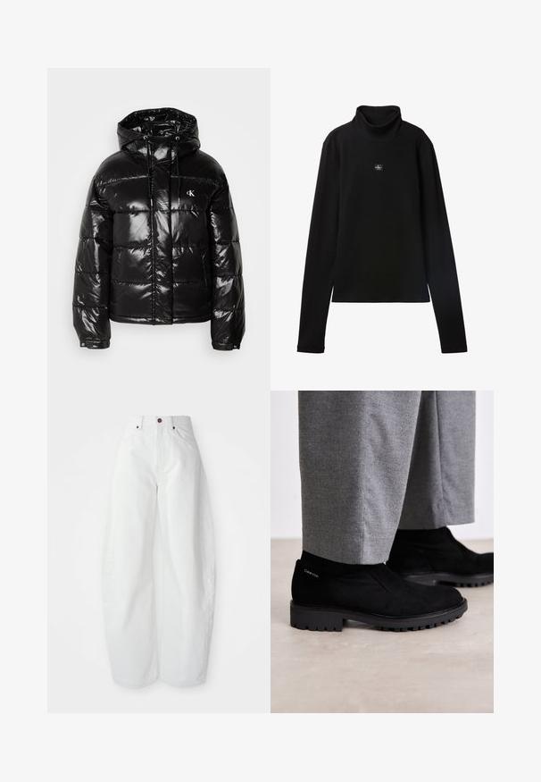 Chaqueta tipo puff negro con acabado brillante, que cuenta con capucha, cierre de cremallera y puños elásticos. Detalle notable del logo en el pecho.; Top negro de cuello alto acanalado de manga larga con un pequeño parche cuadrado con el logo de Calvin Klein centrado en el pecho.; Pantalones de mezclilla blancos de tiro alto con un corte holgado. Presentan un cierre de botón, bolsillos laterales y un diseño minimalista. Textura suave.; Botas de tobillo de ante negro con una suela de goma, que presentan un panel lateral elástico y un acento de logo en el talón. Combinadas con pantalones grises.