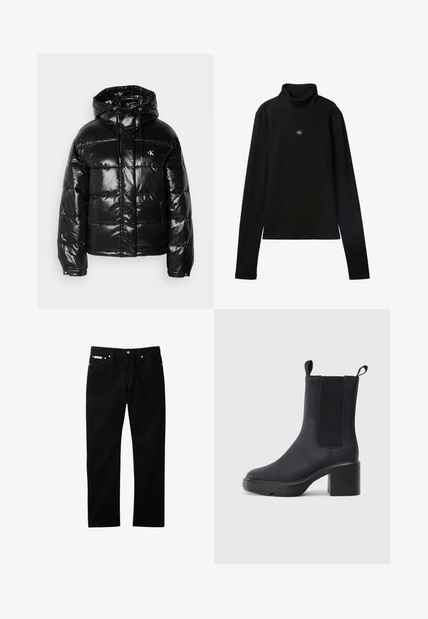 Zwarte pufferjack met een glanzende afwerking, voorzien van een capuchon, ritssluiting en elastische manchetten. Opvallend logo op de borst.; Zwarte geribde coltrui met lange mouwen en een klein vierkant Calvin Klein-logo midden op de borst.; Zwarte denim jeans met een rechte pijp, voorzien van een knoop- en ritssluiting, vijf zakken en een klein logovlaggetje op de tailleband.; Zwarte enkellaars met een gladde rubberen materiaal, elastische zijkanten, blokhak en instaplipjes aan de bovenkant voor makkelijk aan- en uittrekken.