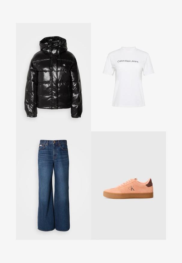 Zwarte pufferjack met een glanzende afwerking, voorzien van een capuchon, ritssluiting en elastische manchetten. Opvallend logo op de borst.; Wit katoenen T-shirt met een ronde hals en korte mouwen, met de tekst "Calvin Klein Jeans" in zwarte print over de borst.; Wijdvallende jeans van donkerblauwe denim. Kenmerken zijn een hoge taille, vijf zakken en contrasterende oranje stiksels langs de naden.; Lichtroze suède sneaker met bruine accenten, ronde neus, vetersluiting en een rubberen zool. Kenmerkt een subtiele logo aan de zijkant.