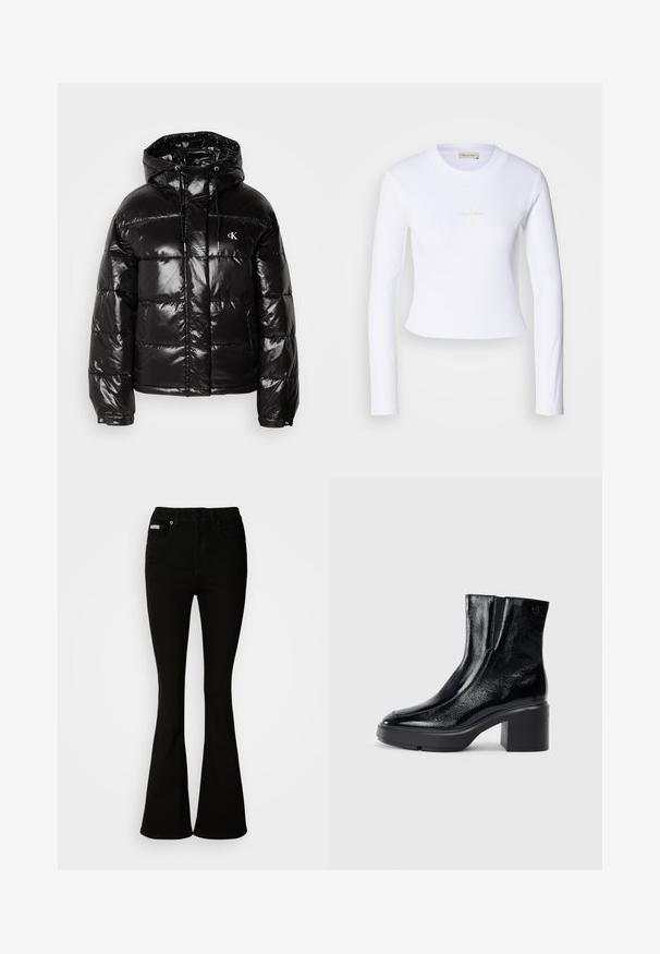 Sort pufferjakke med en blank finish, der har hætte, lynlås-lukning og elastiske manchetter. Bemærkelsesværdig logodetalje på brystet.; Hvid langærmet crop top med et diskret Calvin Klein-logo i midten, præsenteret på en lys grå baggrund.; Sorte bukser med flare, der har en tætsiddende talje, lavet af blødt denim. Har to forlommer og en klassisk knap- og lynlåslukning.; Sorte patenterede læderankelstøvler med en buet tå, elastiske sidepaneler og en kraftig blokhæl. Har et præget logo på bagsiden.