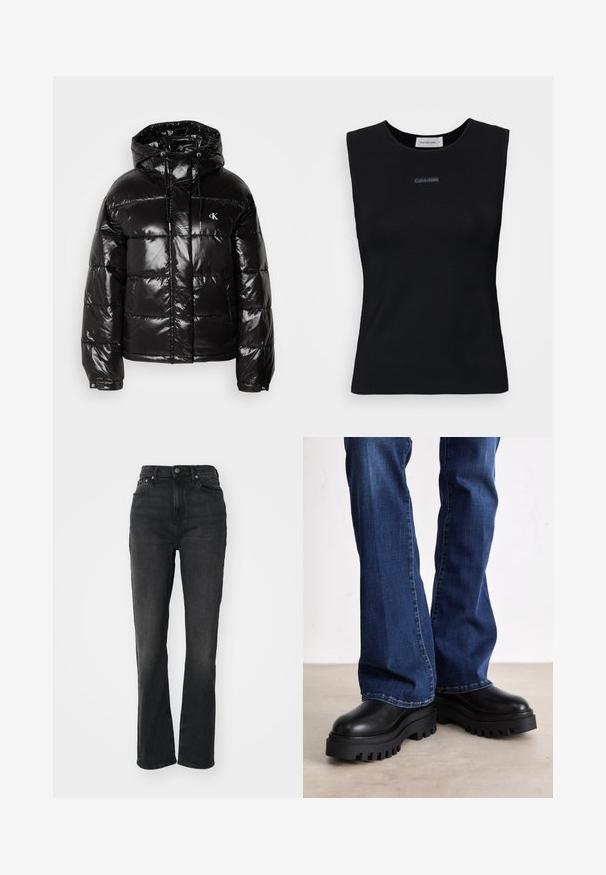 Chaqueta tipo puff negro con acabado brillante, que cuenta con capucha, cierre de cremallera y puños elásticos. Detalle notable del logo en el pecho.; Top negro sin mangas de tejido suave. Presenta un cuello redondo y un pequeño logo de Calvin Klein en el centro. Diseño simple y ajustado.; Jeans de mezclilla negros de tiro alto con piernas rectas, diseño de cinco bolsillos, cierre frontal con botón y detalles de costura mínimos.; Botas de plataforma negras gruesas con suelas de goma texturizada, punta redondeada y parte superior de cuero suave, combinadas con jeans de campana azules.