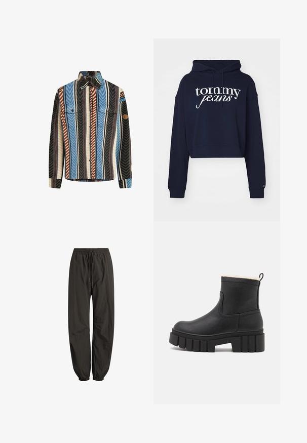 Textureret flannel skjorte med vertikale striber i blå, brun og sort, med to brystlommer og knaplukning foran.; Mørkeblå cropped hoodie lavet af bomuld, med et hvidt "tommy jeans" logo, en hætte med snøre og ribbede manchetter.; Sorte letvægts nylon joggerbukser med elastisk linning, snøre og elastiske manchetter ved anklerne.; Sorte læder ankelstøvle med en tekstureret overflade, platformssål og en faux fur-foring øverst, med en løftestrop ved hælen.