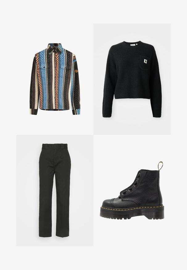 Gestreepte flanellen shirt met verticale strepen in blauw, bruin en zwart, met twee borstzakken en een knoopsluiting aan de voorkant.; Zwarte geribbelde gebreide trui met een ronde hals, lange mouwen en een voorzak met een klein logopatch. Verkorte lengte.; Zwarte broek met een rechtstreekse pasvorm, gemaakt van een gladde stof. De tailleband heeft riemlussen en geen zichtbare sluitingen.; Zwarte leren enkelboot met een gestructureerd oppervlak, ronde neus, vetersluiting, gele stiksels en een dikke, geribbelde zwarte plateauzool.