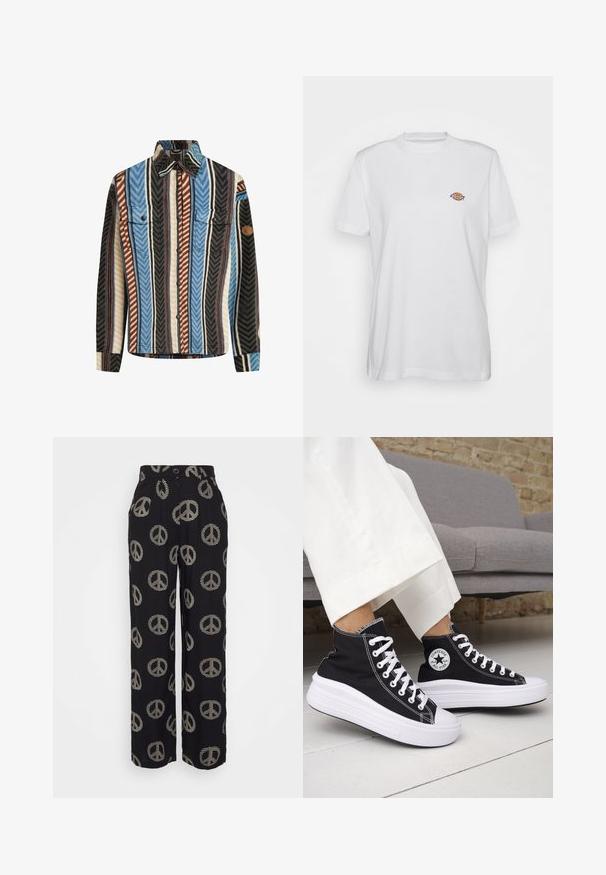 Textureret flannel skjorte med vertikale striber i blå, brun og sort, med to brystlommer og knaplukning foran.; Hvid bomulds t-shirt med rund hals og korte ærmer, med et lille, farverigt "Diesel" logo broderet på brystet.; Sorte bred ben bukser med beige fredstegn mønstre, der har knaplukning og plisseret forside. Glat stofstruktur.; Sorte sneakers med højt skaft, hvide gummisåler og snørebånd. Har en rund logo-patch og kontrasterende hvide syninger. Fremstillet af lærredsmateriale.