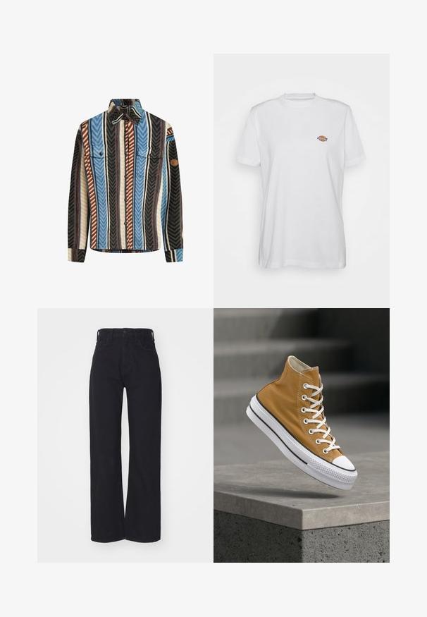 Textureret flannel skjorte med vertikale striber i blå, brun og sort, med to brystlommer og knaplukning foran.; Hvid bomulds t-shirt med rund hals og korte ærmer, med et lille, farverigt "Diesel" logo broderet på brystet.; Sorte højtaljede bredbenede jeans med frontknap og lynlås, bæltestropper og to forlommer på hvid baggrund.; Højtop-sneaker i sennepsgul lærred med hvide snørebånd, gummitåhætte og en tekstureret hvid sål med sorte striber.
