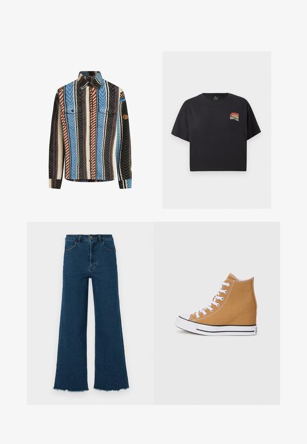 Textureret flannel skjorte med vertikale striber i blå, brun og sort, med to brystlommer og knaplukning foran.; Sort cropped T-shirt med korte ærmer og lille orange og beige retro Rip Curl-logo på venstre bryst.; Mørkeblå, høj talje, vide bukser i jeans med frontlommer, knaplukning og rå kanter mod en hvid baggrund.; Høje sneakers i canvas i tan med hvide snørebånd, en gummi tåhætte og en sål med sorte striber. Tekstureret finish med syningsdetaljer.