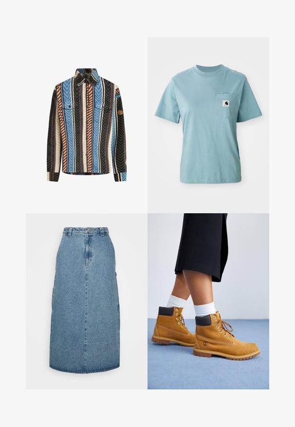 Textureret flannel skjorte med vertikale striber i blå, brun og sort, med to brystlommer og knaplukning foran.; Lyseblå kortærmet bomulds T-shirt med brystlomme og et lille sort-hvidt Carhartt logo patch.; Obey Clothing JUNIPER MIDI SKIRT - A-snit nederdel - stonewash indigo; Tan ruskindsankelstøvler med brune læderdetaljer, guldøjer og en struktureret sål. Hvide sokker synlige over støvlerne.