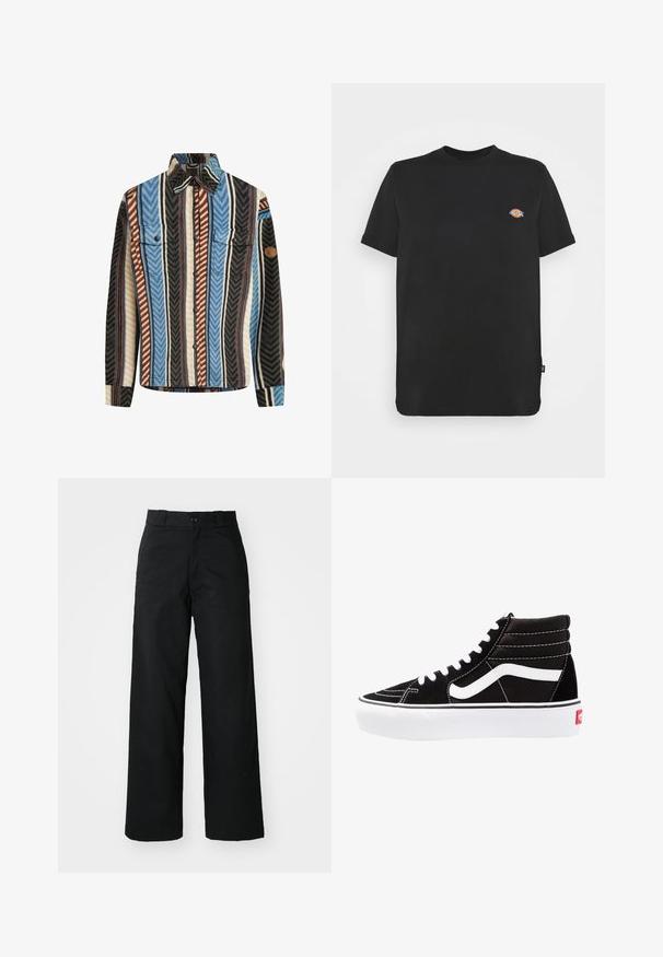 Textureret flannel skjorte med vertikale striber i blå, brun og sort, med to brystlommer og knaplukning foran.; Sort bomulds T-shirt med korte ærmer, rund hals og et farverigt logo på venstre bryst. Lige kant med detalje af sideetiket.; Sorte vide bukser med flad front, knaplukning og bæltestropper. Fremstillet af holdbart stof med en glat tekstur.; Sorte høj-top sneakers med hvide snørebånd, et hvidt logo og kontrasterende hvid syning. Har en tyk hvid sål og struktureret ruskindsoverdel.