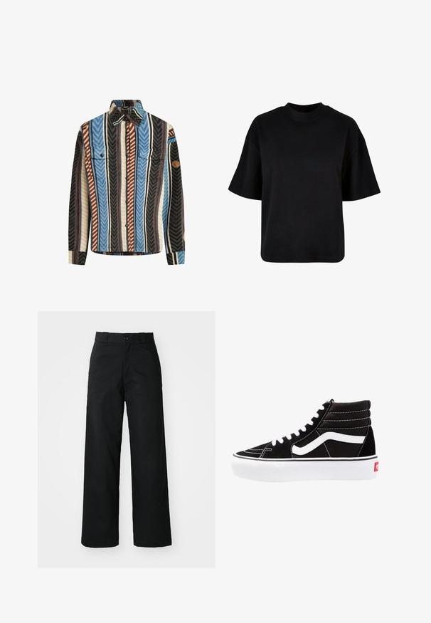 Textureret flannel skjorte med vertikale striber i blå, brun og sort, med to brystlommer og knaplukning foran.; Sort bomulds t-shirt med høj hals, korte ærmer og en løs, boxy pasform uden synlige mønstre eller accenter.; Sorte vide bukser med flad front, knaplukning og bæltestropper. Fremstillet af holdbart stof med en glat tekstur.; Sorte høj-top sneakers med hvide snørebånd, et hvidt logo og kontrasterende hvid syning. Har en tyk hvid sål og struktureret ruskindsoverdel.