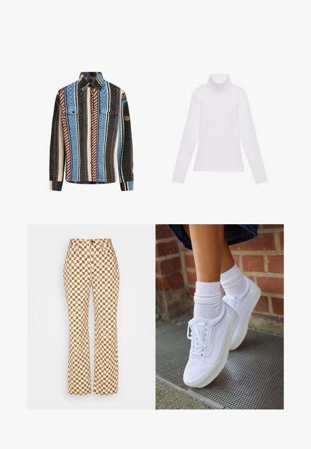 Gestreepte flanellen shirt met verticale strepen in blauw, bruin en zwart, met twee borstzakken en een knoopsluiting aan de voorkant.; Witte lange mouw turtleneck top gemaakt van glad, elastisch materiaal. Voorzien van een hoge kraag en een getailleerd ontwerp, zonder zichtbare patronen of versieringen.; Madewell BAGGY IN CHECKER DAISY PRINT - Relaxed fit jeans - brown; Witte canvas sneakers met rubberen zolen, voorzien van zes vetertjes, een ronde neus en lichte stikdetails, gecombineerd met witte enkelsokken.