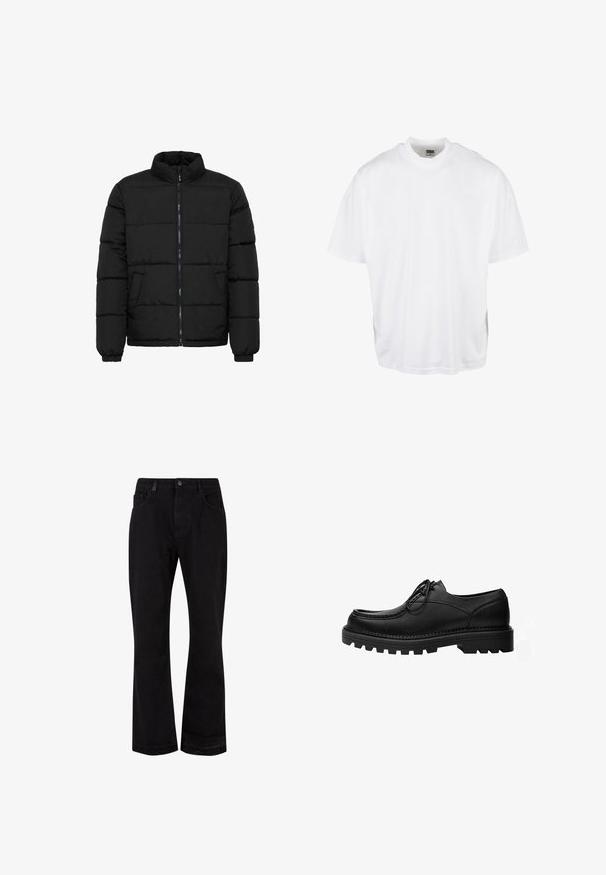 Doudoune noire avec un col montant, fermeture éclair à l'avant et poignets élastiques. Présente des sections matelassées horizontales et deux poches avant.; T-shirt en coton blanc avec une coupe décontractée, des manches courtes et un col rond, présentant un ourlet droit et sans graphiques ni motifs visibles.; Pantalon en denim noir évasé avec une texture lisse. Comprend des poches avant, une fermeture à bouton et des détails cousus le long des coutures.; Chaussure noire en cuir à lacets avec une semelle épaisse et robuste et des coutures détaillées sur la tige, conçue pour un usage formel ou décontracté.