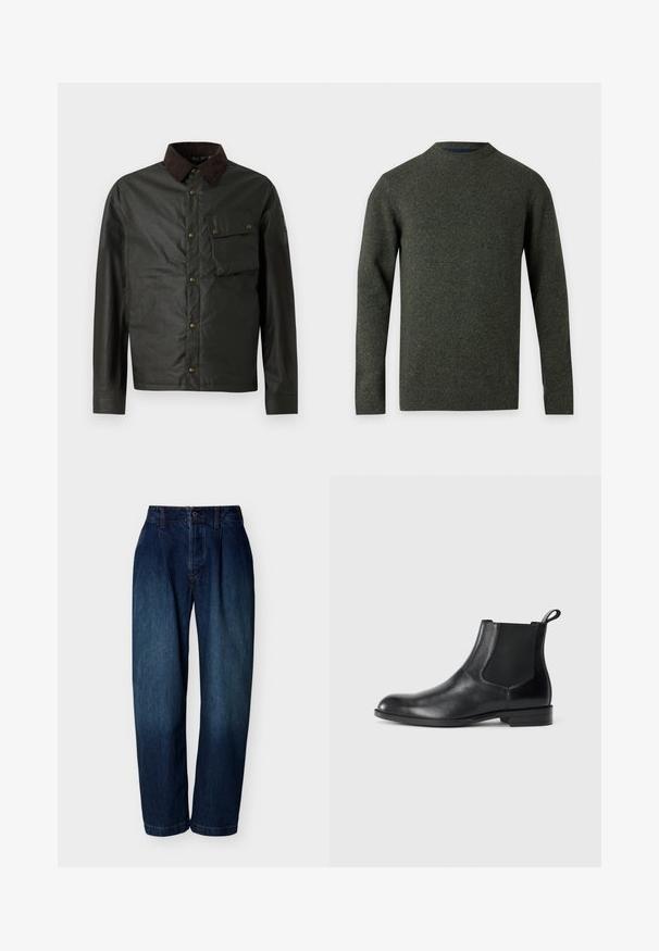 Dunkelgrüne Jacke mit einem braunen Cordkragen, Knopfverschluss, einer Brusttasche und einer glatten, leicht glänzenden Oberfläche.; Dunkelgrüner, gesprenkelter Rundhalsausschnitt-Pullover mit langen Ärmeln, Rippbündchen und Saum, flach auf hellgrauem Hintergrund dargestellt.; Dunkelblaue Jeans mit hoher Taille und geradem Bein, mit Knopf- und Reißverschluss, Gürtelschlaufen und dezenten Steppnähten auf weißem Hintergrund.; Schwarze Leder-Stiefelette mit elastischen Seiteneinsätzen, abgerundeter Zehenpartie und einem Zugschlauf. Glatte Textur, flache Sohle, minimalistisches Design.