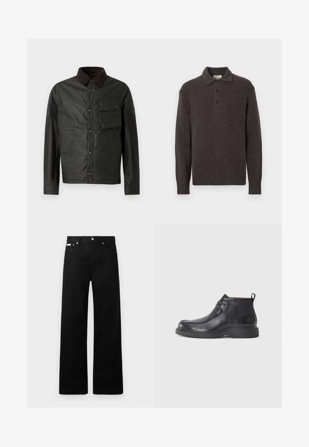 Mørkegrøn jakke med en brun corduroy-krave, knaplukning, en brystlomme og en glat, let shiny overflade.; Mørkebrun strikket pullover med krave, tre-knaps plade og ribstrikkede manchetter og kant. Har et tekstureret mønster med prikker.; Sorte denimbukser med bred ben-design, der har fem lommer og metallisk knapdetalje. Glat tekstur, uden synlige mønstre.; Sorte læder ankelstøvler med rund tå, snørelukning og en løkke bagpå. Tekstureret overdel og gummisål.