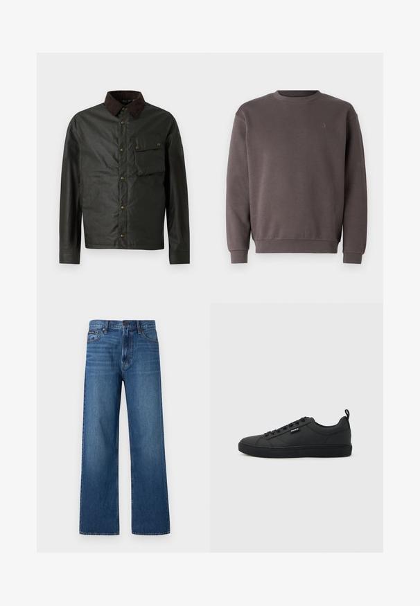 Dunkelgrüne Jacke mit einem braunen Cordkragen, Knopfverschluss, einer Brusttasche und einer glatten, leicht glänzenden Oberfläche.; Grauer Baumwoll-Sweatshirt mit rundem Ausschnitt, gerippten Bündchen und Saum. Mit kleinem, tonal gehaltenem Logo auf der Brust. Weicher Stoff.; Blaue, hoch taillierte Jeans mit geradem Bein, Frontknopf und Reißverschluss, fünf Taschen und einem kleinen Markenpatch auf der rechten Tasche.; Schwarzer Sneaker mit niedrigem Schnitt, Schnürverschluss, flacher Sohle und kleinem "HUGO"-Label an der Seite, im Profil auf hellem Hintergrund gezeigt.
