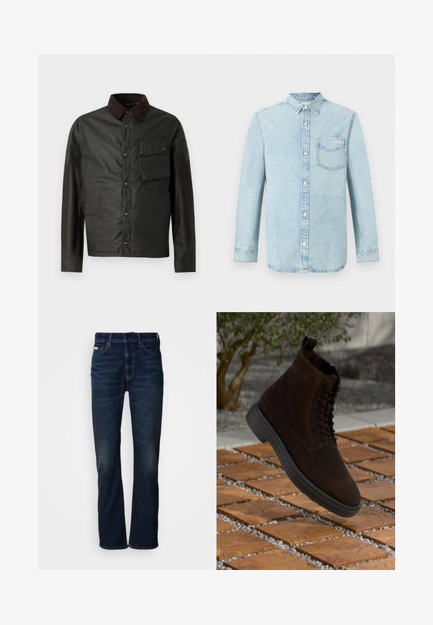 Dunkelgrüne Jacke mit einem braunen Cordkragen, Knopfverschluss, einer Brusttasche und einer glatten, leicht glänzenden Oberfläche.; Hellblaues Denim-Hemd mit langen Ärmeln, Knopfleiste vorne, einer Brusttasche mit Calvin Klein-Logo und spitzem Kragen.; Dunkelblaue Denim-Jeans mit geradem Bein, die dezente Ausbleichungen, einen Knopfverschluss und den klassischen Fünf-Taschen-Stil aufweisen.; Braune Wildleder-Ankle-Boots mit schwarzen Ösen und Schnürsenkeln, runder Zehenpartie und einer schwarzen Gummisohle. Zeigt eine strukturierte Oberfläche und eine Fersenschlaufe.