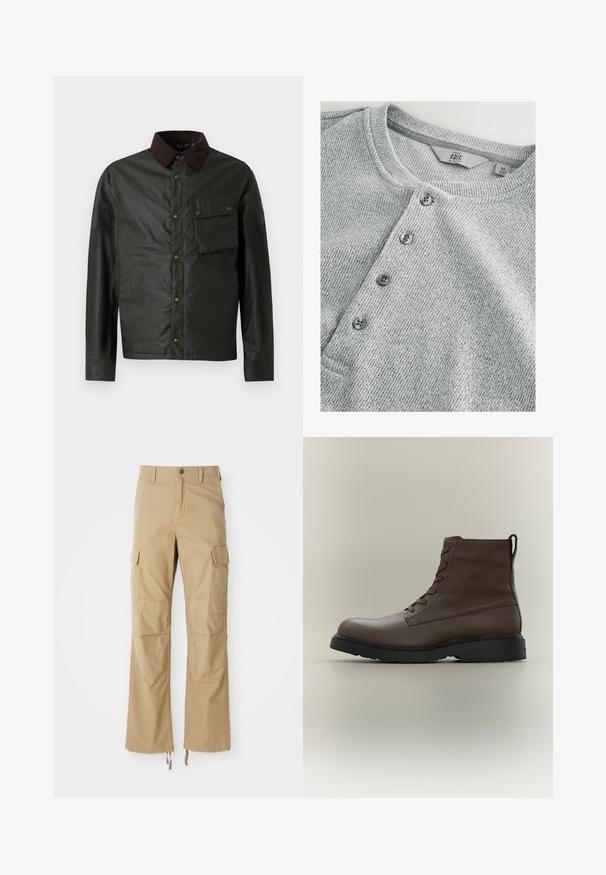 Dunkelgrüne Jacke mit einem braunen Cordkragen, Knopfverschluss, einer Brusttasche und einer glatten, leicht glänzenden Oberfläche.; Graues, gestricktes Langarmshirt mit Rundhalsausschnitt, fünf Knöpfen, gerippter Textur und schlankem Schnitt. Das Etikett zeigt Größe M an.; Khakifarbene Cargo-Hosen aus strapazierfähigem Material, mit mehreren Seitentaschen, geradem Bein-Design und verstellbaren Kordeln am Saum.; Brauner Leder-Schnürstiefel bis zum Knöchel mit schwarzer Gummisohle, rundem Zehenbereich und Zuglasche hinten, im Seitenprofil auf neutralem Hintergrund dargestellt.