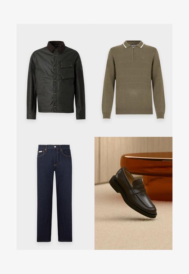 Dunkelgrüne Jacke mit einem braunen Cordkragen, Knopfverschluss, einer Brusttasche und einer glatten, leicht glänzenden Oberfläche.; Herren Pullover in Olivgrün aus Strick mit langen Ärmeln, halbem Reißverschluss vorne, farblich abgesetztem Kragen und gerippten Manschetten und Saum.; Dunkelblaue Denim-Jeans mit geradem Schnitt, einem klassischen Fünf-Taschen-Design und kontrastierenden orangen Nähten. Mit metallischem Knopfverschluss.; Schwarzer Lederloafer, der über einem beigen Teppich mit braunen, abgerundeten Möbeln im Hintergrund schwebt.
