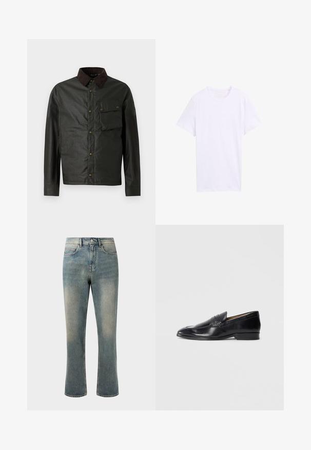 Dunkelgrüne Jacke mit einem braunen Cordkragen, Knopfverschluss, einer Brusttasche und einer glatten, leicht glänzenden Oberfläche.; Schlichtes weißes T-Shirt aus Baumwolle, kurzärmelig mit Rundhalsausschnitt, Größe L, flach auf weißem Hintergrund präsentiert.; Hellblaue Denim-Jeans mit geradem Bein, mittelhoher Taille und subtilen Ausbleichungen. Verfügt über klassische Taschenstil und Kontrastnähte.; Schwarze Lederloafers mit glatter Oberfläche, spitzem Zehenbereich und subtilen Steppdetails. Verfügt über einen flachen Absatz und ein eingeprägtes Logo an der Seite.