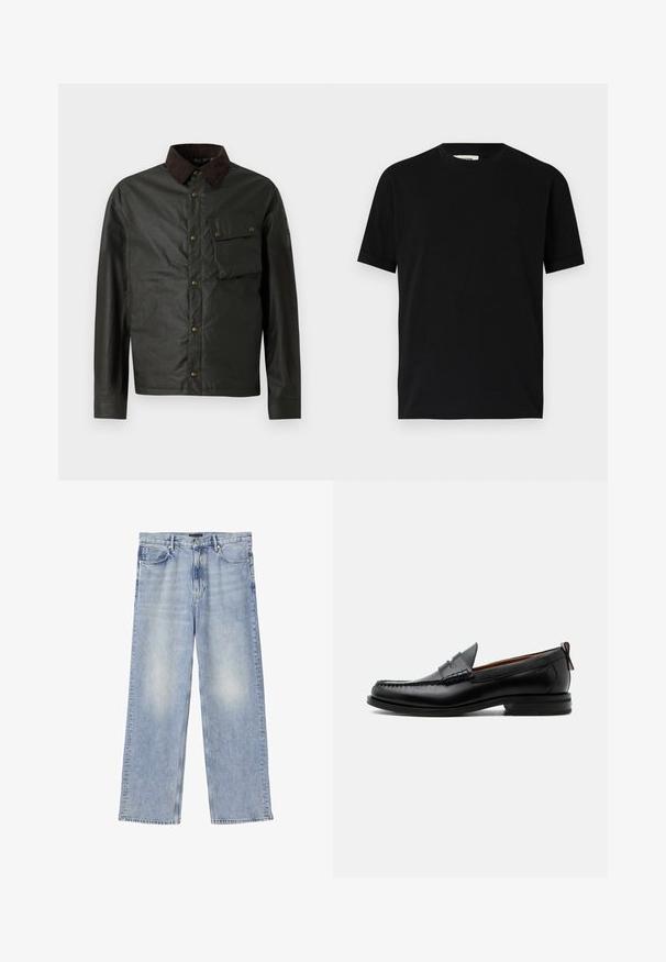 Mørkegrøn jakke med en brun corduroy-krave, knaplukning, en brystlomme og en glat, let shiny overflade.; Sort kortærmet t-shirt lavet af bomuld med rund halsudskæring og løs pasform. Glat tekstur, ingen mønstre eller synlige logoer.; Lyseblå straight-leg denimjeans med fem lommer, bæltestropper og knaplukning.; Sort læder herre loafer med moc-tå syning, penny strop, struktureret krave og lav stablet hæl på hvid baggrund.