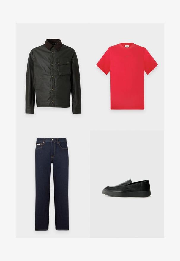 Dunkelgrüne Jacke mit einem braunen Cordkragen, Knopfverschluss, einer Brusttasche und einer glatten, leicht glänzenden Oberfläche.; Rotes Rundhals-T-Shirt aus Baumwolle. Kurze Ärmel, einfarbig mit subtiler Markenkennzeichnung in der Mitte. Weicher Stoff und klassischer Schnitt.; Dunkelblaue Denim-Jeans mit geradem Schnitt, einem klassischen Fünf-Taschen-Design und kontrastierenden orangen Nähten. Mit metallischem Knopfverschluss.; Calvin Klein HYBRID CUP - Slipper - triple black