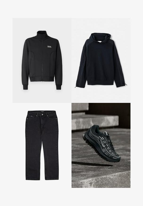 Must must, venitus materjalist. Omab kõrget kaelust, küljetaskuid ja väikest valget logo rinnal.; Pier One Pusa - black; Mustadest denimist püksid sirge säärega disainiga, viie taskuga ja hõbedase riistvaraga. Kanga tekstuur on pehme ja kergelt sädelev.; Must ja hall Nike Air Max toss hõljumas hallide betoonastmete kohal, mille taustal on tekstuuriga pinnas.