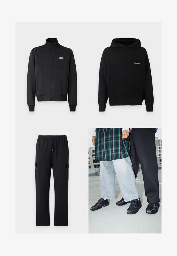 Chaqueta negra con cremallera, fabricada en un tejido suave y elástico. Cuenta con un collar alto, bolsillos laterales y un pequeño logo blanco en el pecho.; Replay Inc. Jersey con capucha - black; Pantalones cargo negros con un corte relajado, cinturilla elástica y cordón. Cuenta con dos bolsillos laterales para almacenamiento. Tejido suave al tacto.; Zapatillas deportivas negras con acentos de malla y goma. Combinadas con jeans de pierna ancha de color gris claro y una blusa de cuadros verdes. Fondo de superficie plana.