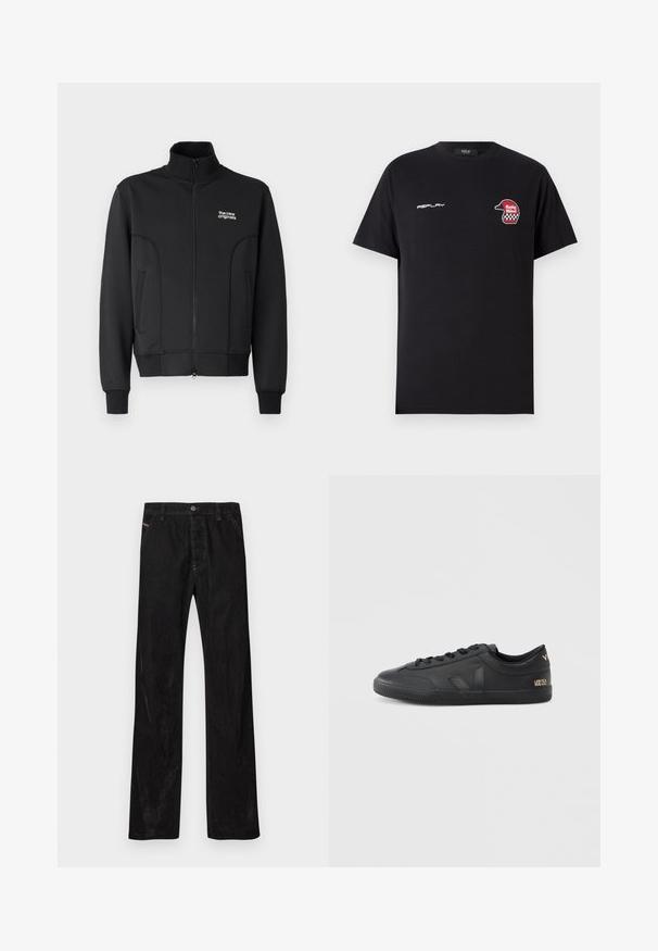 Schwarze Zip-Jacke aus glattem, dehnbarem Stoff. Sie hat einen hohen Kragen, seitliche Taschen und ein kleines weißes Logo auf der Brust.; Replay SHORT SLEEVE GRAPHIC - T-Shirt print - black; Schwarze Kordhosen mit geradem Bein, ausgestattet mit einem Knopfverschluss, subtiler Markenkennzeichnung und zwei vorderen Taschen. Glatte Textur und einfarbige Farbe.; Schwarze Ledersneaker mit strukturierter Oberfläche, runder Zehenpartie, Schnürverschluss und dezentem Branding an der Seite und Ferse.