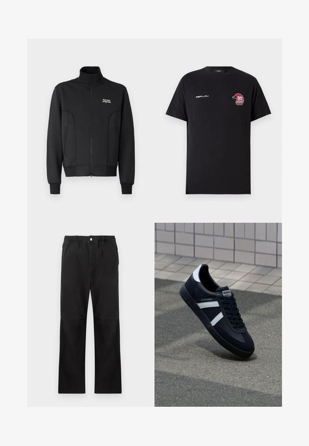 Sort lynlåsjakke lavet af glat, strækbart stof. Har høj krave, sidelommer og et lille hvidt logo på brystet.; Replay SHORT SLEEVE GRAPHIC - T-shirts print - black; Sorte bukser lavet af bomuld med elastisk talje, med et lige ben-design, glat tekstur og uden synlige detaljer eller mønstre.; Sort lædersneaker med hvide striber, tekstureret gummisål og snørrebånd foran. Har et brandet mærke på tungen.