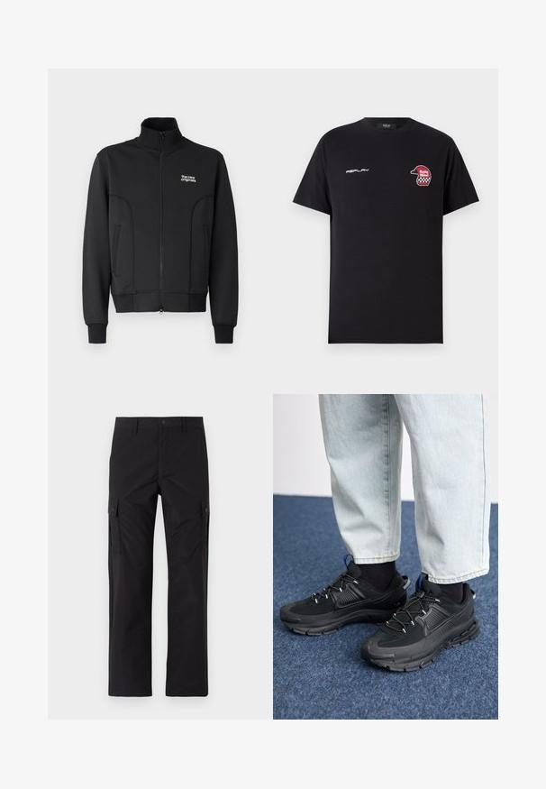Sort lynlåsjakke lavet af glat, strækbart stof. Har høj krave, sidelommer og et lille hvidt logo på brystet.; Replay SHORT SLEEVE GRAPHIC - T-shirts print - black; Jack & Jones JPSTKARL KURTIS SNAP TECH - Cargobukser - black; Sorte træningssko med tekstureret stof og gummisåler, udstyret med elastiske snørebånd og en blå detalje på hælen. Bæres med lyse denimbukser.