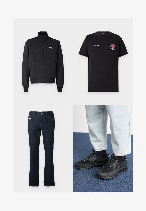 Zwarte zip-up jas van gladde, rekbare stof. Heeft een hoge kraag, zijzakken en een klein wit logo op de borst.; Replay SHORT SLEEVE GRAPHIC - T-shirt print - black; Navyblauwe denim jeans met een rechte snit, voorzien van oranje stiksels, een metalen knoopsluiting en een klein logo op de achterzak.; Zwarte sportschoenen met gestructureerde stof en rubberen zolen, met elastische veters en een blauwe accent op de hiel. Draag samen met lichte spijkerbroeken.